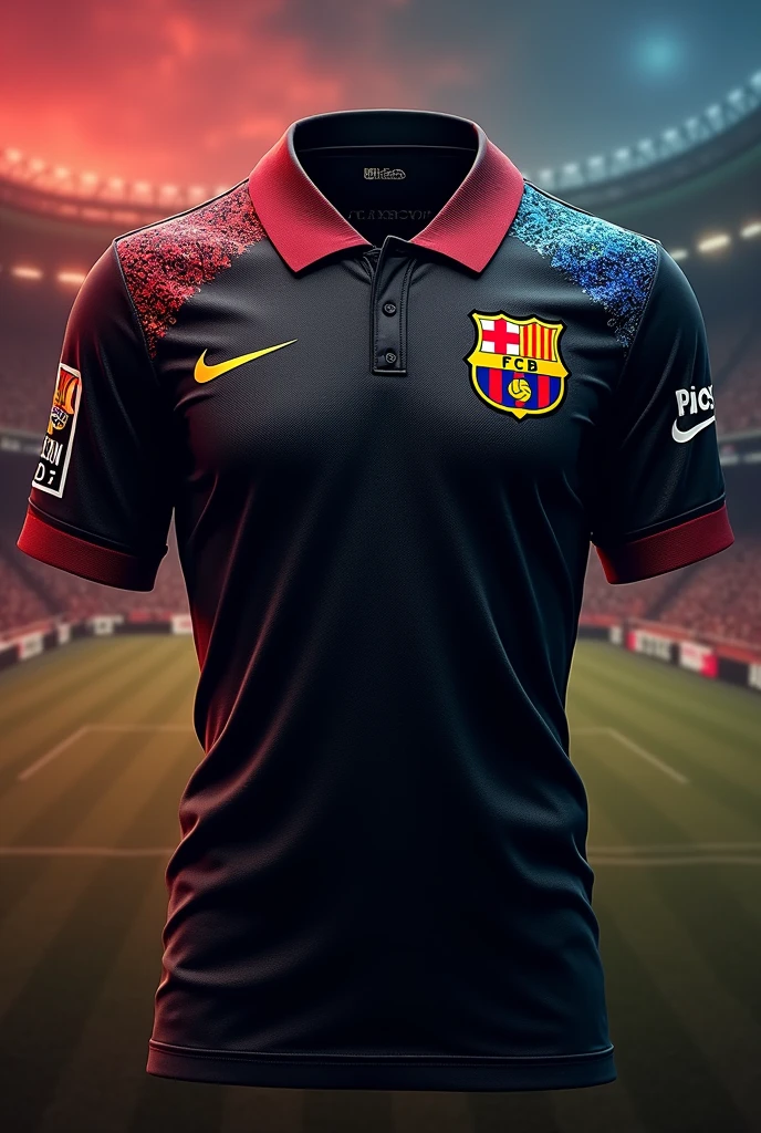 Make a piece of black jersey with a collared pattern + Barcelona soccer jersey.