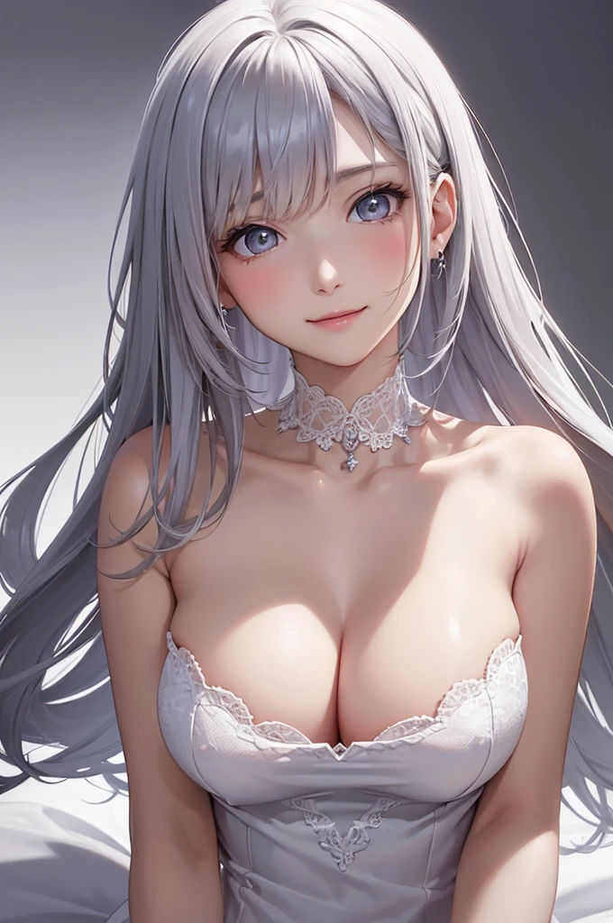 Best Quality,High resolution,8k,(plain white background, no patterns, no textures, just a plain white background:1.3),Masterpiece:1.2),beautiful girl,Big Breasts,(Glossy romance gray hair:1.3),messy hair,Beautiful grey eyes,Dark gray underwear,Gentle look,A refreshing look,smile,Best quality,Best Quality,Aesthetic and aesthetic:1.2,Best details((Super detailed))(High-definition CG illustrations),Slender body,smile,blush,cute,Scrounge,Looking up,Being spoiled,super model,wariza