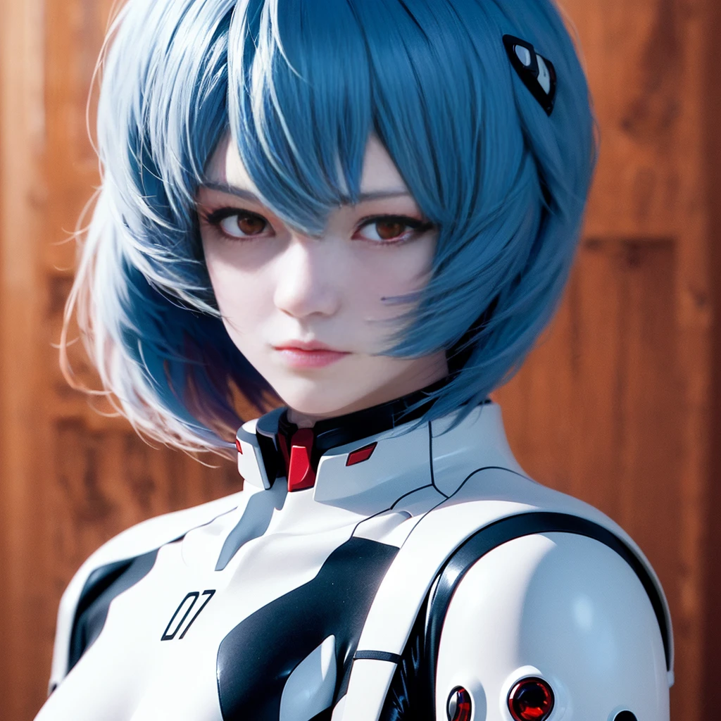 (8k, RAW photo, highest quality, refined details, Masterpiece: 1.2), (high resolution 8k wallpaper), sharp focus, professional lighting, depth of field, cinematic lighting, background blur, Evangelion ayanamirei. She is a Japanese woman with blue hair, (pale skin:1.6),(red eyes:1.5), and a white plug suit. Her futuristic background and realistic style with a cool look are her hallmarks. Quiet atmosphere like science fiction,full body,