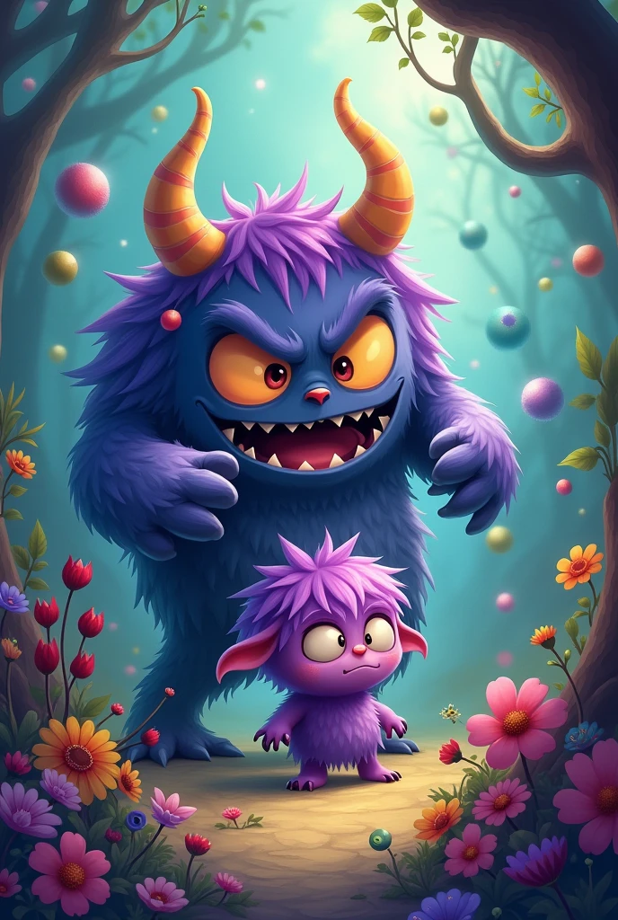 Cute purple haired monster is bullied by big monster