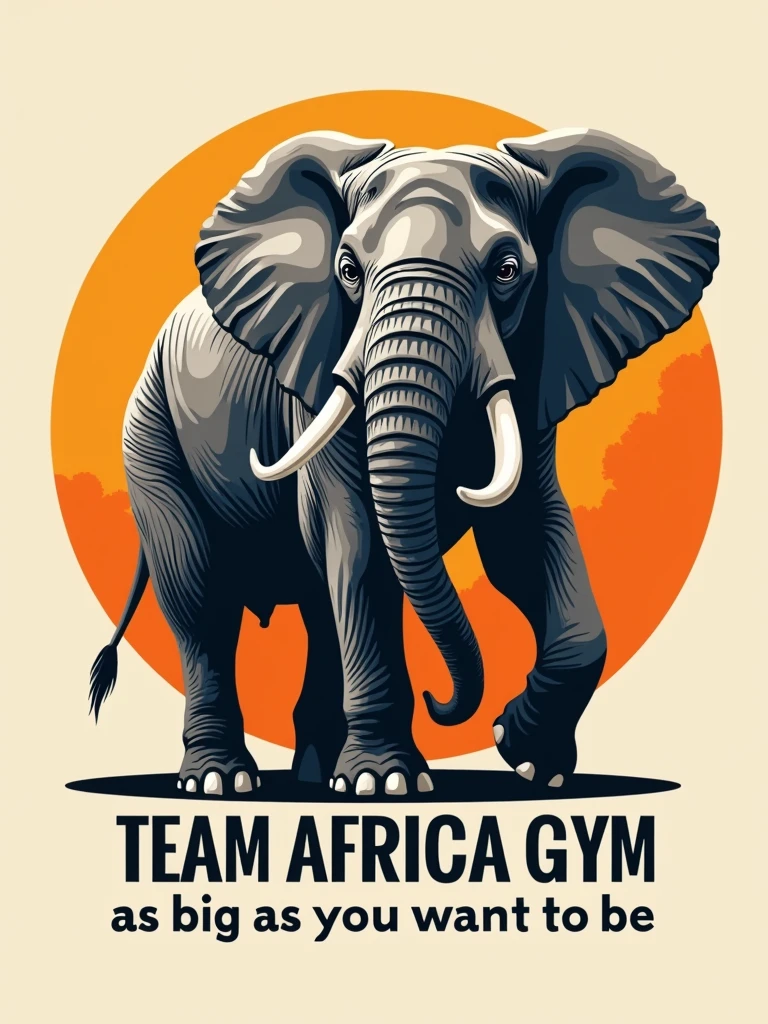 Hello, I need a logo that says Team Africa Gym with orange colors and a realistic gray elephant and below a slogan that says "as big as you want to be"