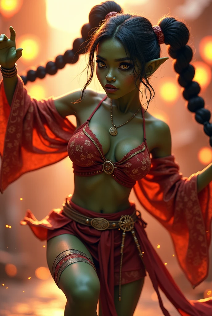 A beautiful orc girl with dark green skin, small tusks, gold eyes, and long black hair in braids and twintails. She is wearing a fantasy kimono with long sleeves and a short skirt, along with ankle wraps and hand wraps. The girl has a pouty expression with thick, detailed lips and mascara-enhanced eyes. Her skin is high-quality and translucent, with a busty, chubby figure. She is dancing with a fun, bright theme and ambient lighting, giving off a fantasy vibe with fire elements. The image is captured with a DSLR camera, resulting in a high-quality, 8K, UHD, film-grain aesthetic.