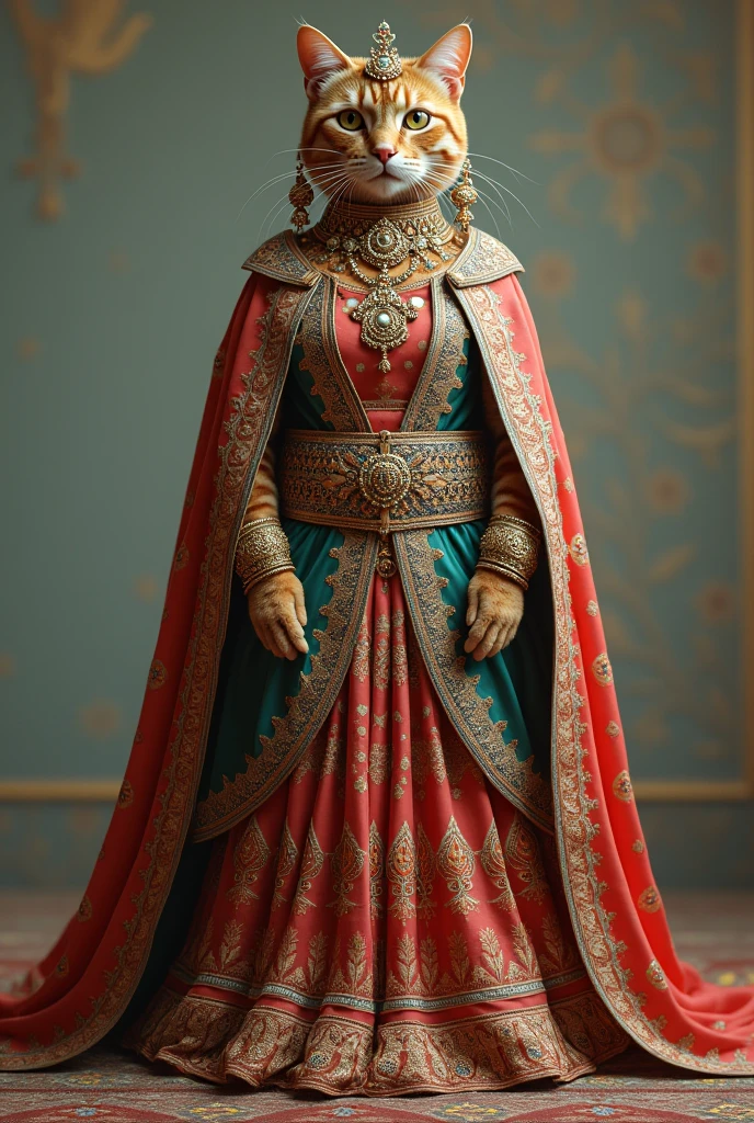 There is a cat and she is standing. She is wearing a lehenga and also Indian jewellery. The cat is very big.