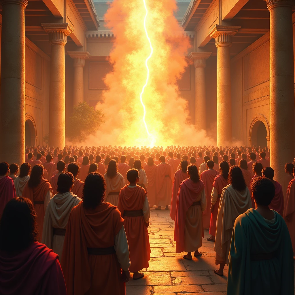 Create a vibrant and dynamic scene depicting the day of Pentecost, as described in Acts 2. The image is believed to show a group of about 120 disciples gathered in an upper room in Jerusalem.. Suddenly, tongues of fire appear above their heads, symbolizing the Holy Spirit descending upon them. The disciples are filled with wonder and begin to speak in many tongues, expressing joy and admiration. Outside the building, a diverse crowd of people from different nations are amazed, listening attentively as they hear the disciples speaking in their own languages. The setting should be ancient Jerusalem with traditional architecture, and the atmosphere should be charged with a sense of divine presence and spiritual awakening.