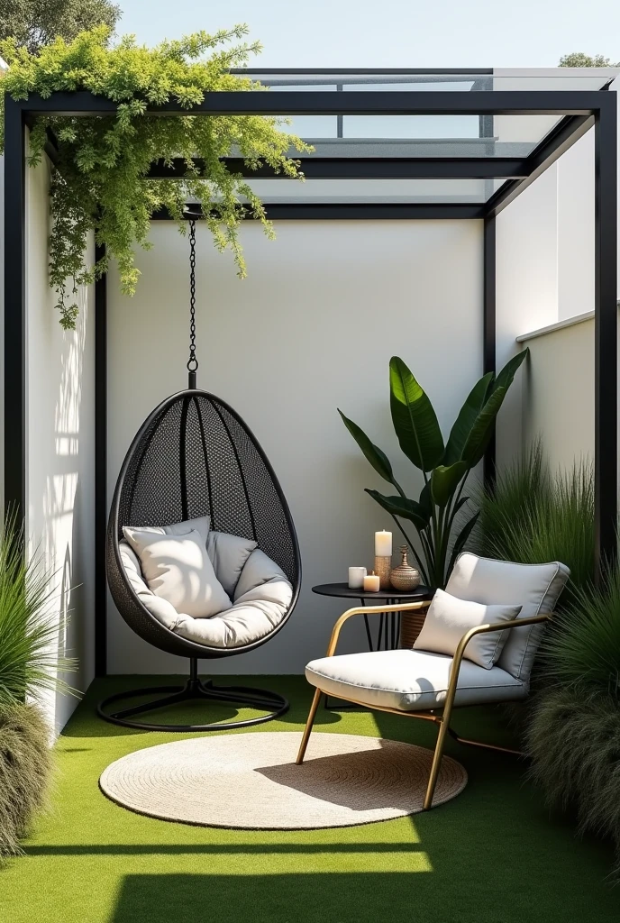 Design a small outdoor resting space, covered by a glass roof. The environment is surrounded by light walls, decorated with green plants and tall grasses, creating a natural and cozy look. At the center, include a cocoon-shaped hanging chair, with black metal frame and light gray padded upholstery. Next to the hanging chair, add a modern armchair with a gold metal frame and white seat, positioned on the grass. Complete the space with a small black side table., decorated with a candle in a glass holder and other small decorative objects. The space should convey a sense of relaxation, comfort and luxury.