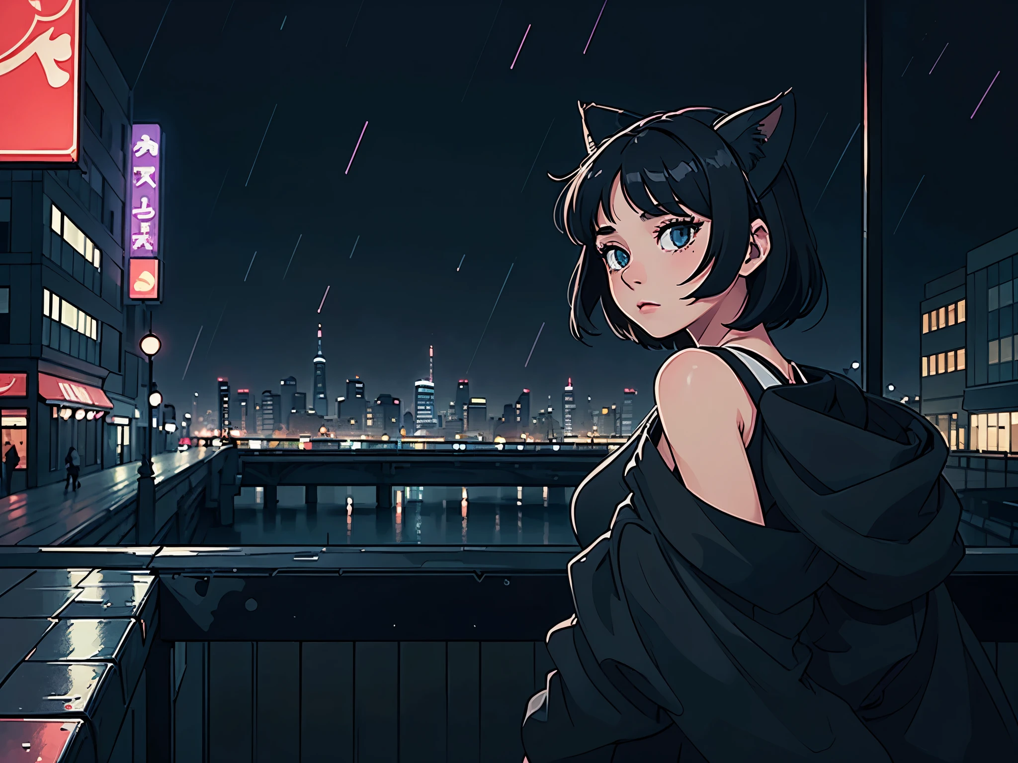 A girl with short black hair and cat ears, wearing dark clothes, in a rainy and calm city, with a relaxing atmosphere. She is a little further away, with a view of her from the waist up, listening to music, and dark colors dominate the scene. The background shows a detailed and vibrant city, reflecting an 80s and 90s anime aesthetic, mixed with a touch of Fujifilm aesthetics. The girl has beautiful eyes, and the entire composition is in 4K, capturing the lofi aesthetic with a soft and tranquil atmosphere.