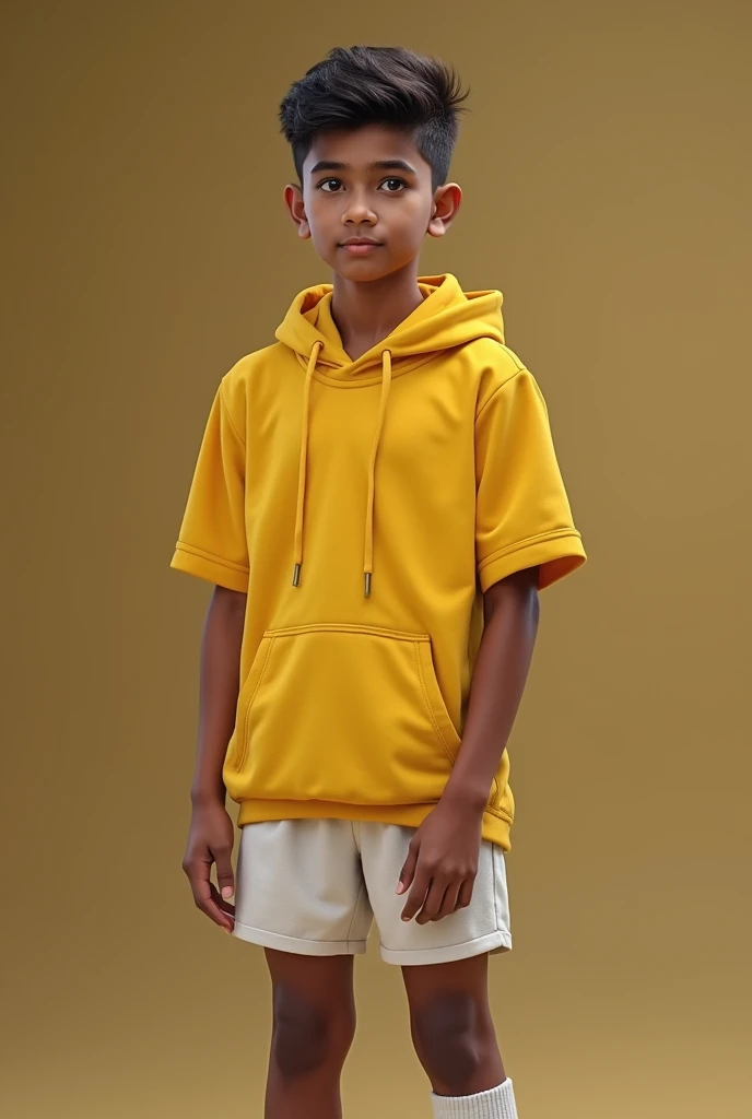 cute fair skin boy, 20 year old indian muscular 7 abs body, yellow short sleeve hoodie, white shorts, over the calf white socks, innocent face, (best quality,8k,highres,masterpiece:1.2),ultra-detailed,(realistic,photorealistic,photo-realistic:1.37),HDR,UHD,studio lighting,ultra-fine painting,sharp focus,physically-based rendering,extreme detail description,professional,vivid colors,bokeh,portraits,lighting