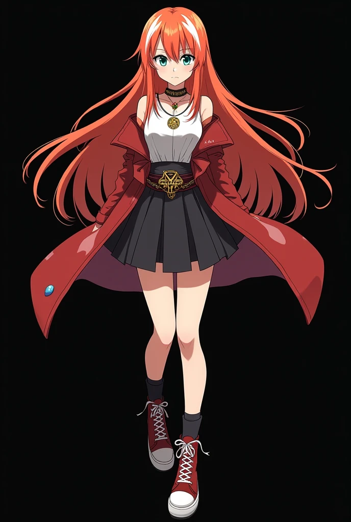 A full body image of an , personagem do anime "JUJUTSU KAİSEN", she is very beautiful, with long, straight, fire-colored hair with two white streaks highlighted in the front, framing your face. She has blue-green eyes and pale skin.. she is a Wiccan, she is in fighting pose. she wears a pentagram necklace, tight skirt, beautiful women's high-top shoes and ¾-long socks. It is drawn with animation by Gege Akutami.. black backdrop.