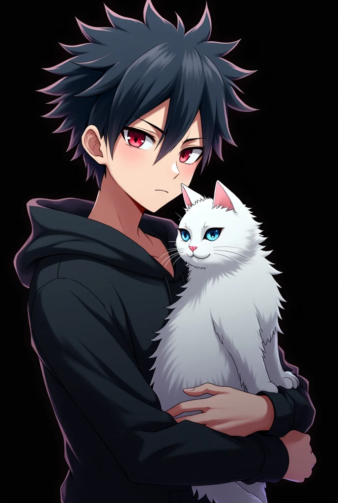 Anime boy ((( Spiky hair , black hair , black hoodie , red eyes , narrowed eye ))) carrying cat ((( blue eyes , fluffy cat , white cat ))) , blank black background , side view