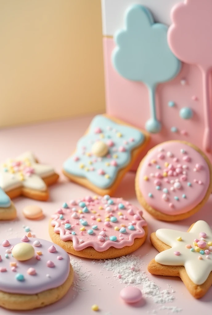 Photo booth with pastel and neutral colors on the theme of flavored cookies
