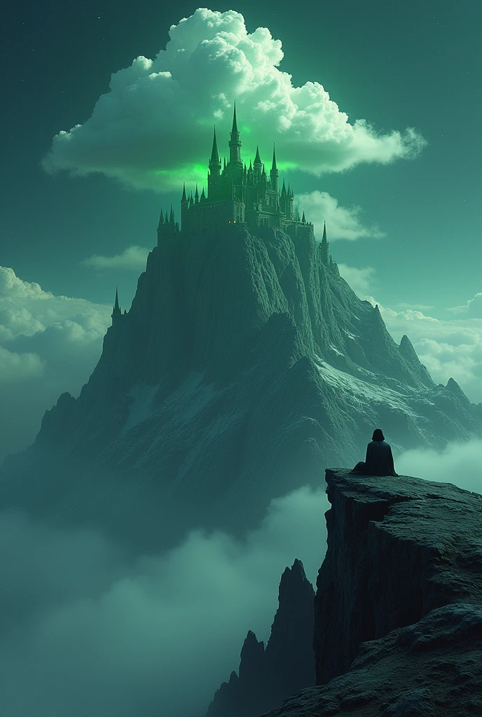 make a big green mountain mixed with a big cloud castle in the night sky and a man sitting looking down from a peak