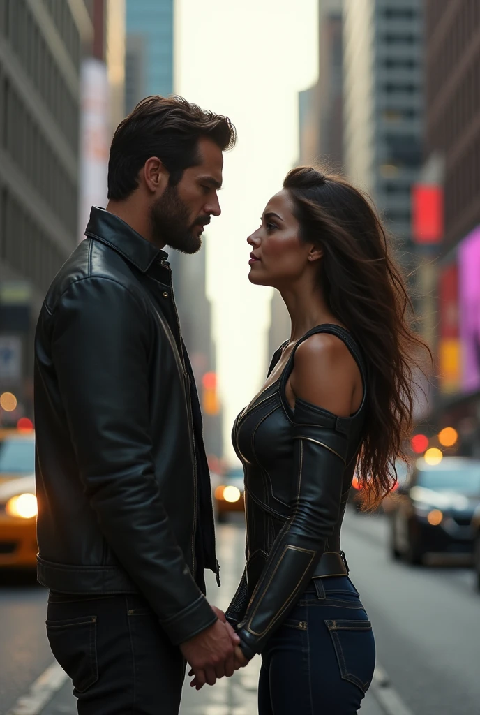A man and woman (Resembling Gal Gadot) standing on a sidewalk, they are turned towards the road, holding hands and giving each other a look as they wait to cross the road. The busy city around them fades into the background, with their connection being the focal point of the scene, capturing a fleeting yet powerful moment. Realistic Image