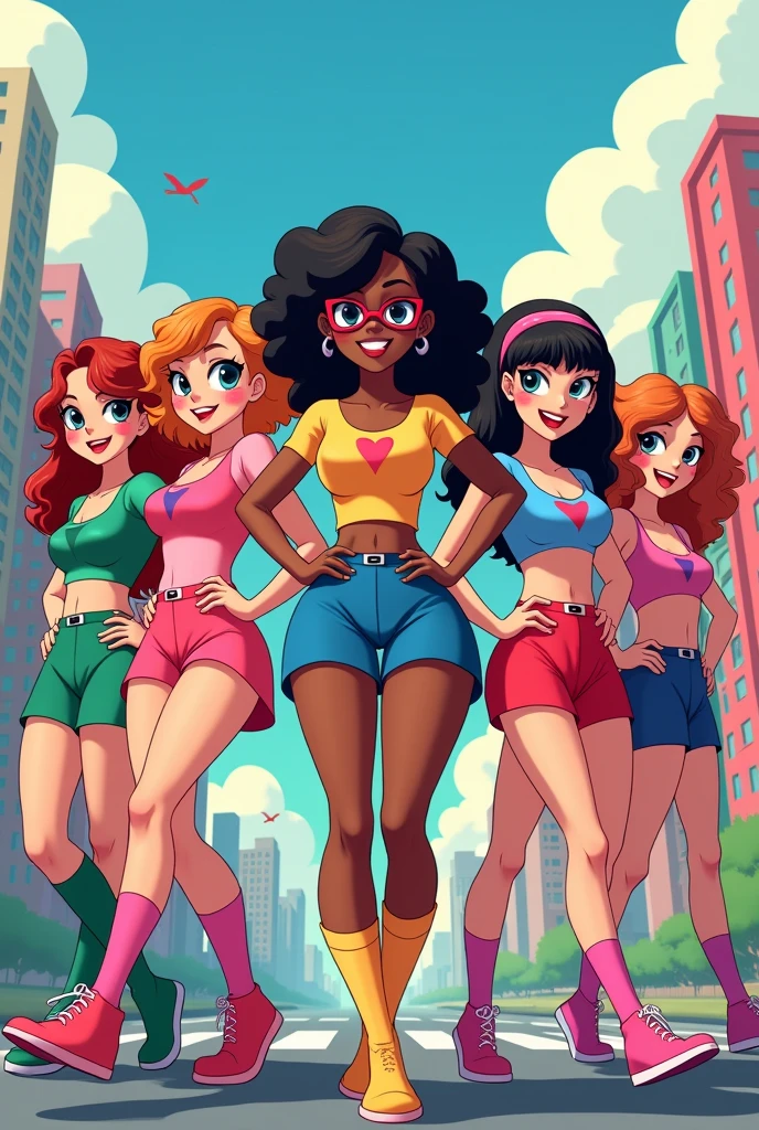 5 Women Dressed as Powerpuff Girls, one of them wears glasses, uma negra, a chubby girl and two brunettes