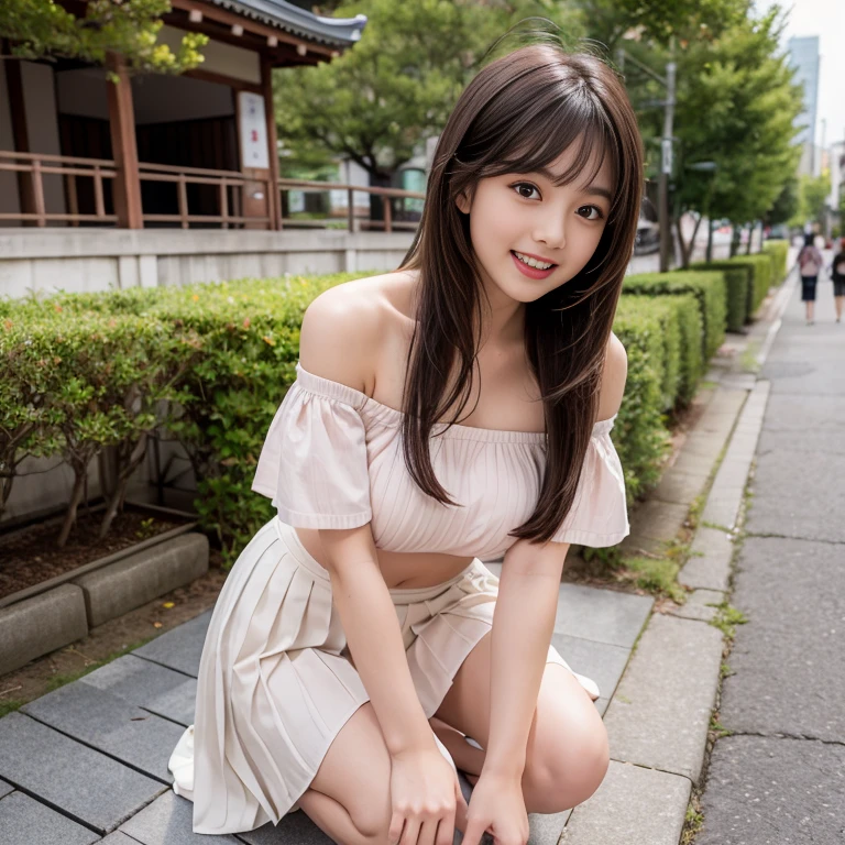 laughing out loud,2,Skirt length above knee,Penetrating black stockings,Skirt covers stockings,Wearing a white pleated skirt,(knee shot), 1 female, On the face, laughing out loud, light brown hair, blunt bangs, hair behind ears, Shoulder length hair, long hair, Slender body type, 超face slimming型, face slimming, delicate lips, beautiful eyes, Thin blush, Eyes are light brown,Check it out here, (actual:1.3), standing next to the street,The background is the Kyoto Five-Storied Pagoda, One person's perspective, 8k, Super detailed, high quality, best quality, High resolution,,Large Breasts,The breasts are H-cups, Off-shoulder tops,The breasts look big when they stick out in the clothes