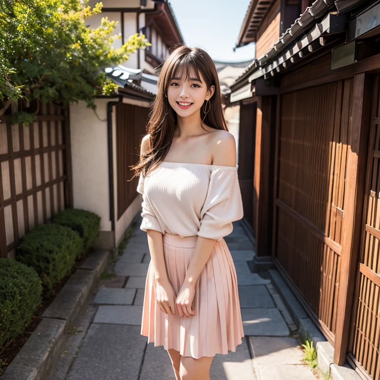 laughing out loud,2,Skirt length above knee,Wearing a white pleated skirt,(knee shot), 1 female, On the face, laughing out loud, light brown hair, blunt bangs, hair behind ears, Shoulder length hair, long hair, Slender body type, 超face slimming型, face slimming, delicate lips, beautiful eyes, Thin blush, Eyes are light brown,Check it out here, (actual:1.3), standing next to the street,The background is the Kyoto Five-Storied Pagoda, One person's perspective, 8k, Super detailed, high quality, best quality, High resolution,,Large Breasts,The breasts are H-cups, Off-shoulder tops,The breasts look big when they stick out in the clothes