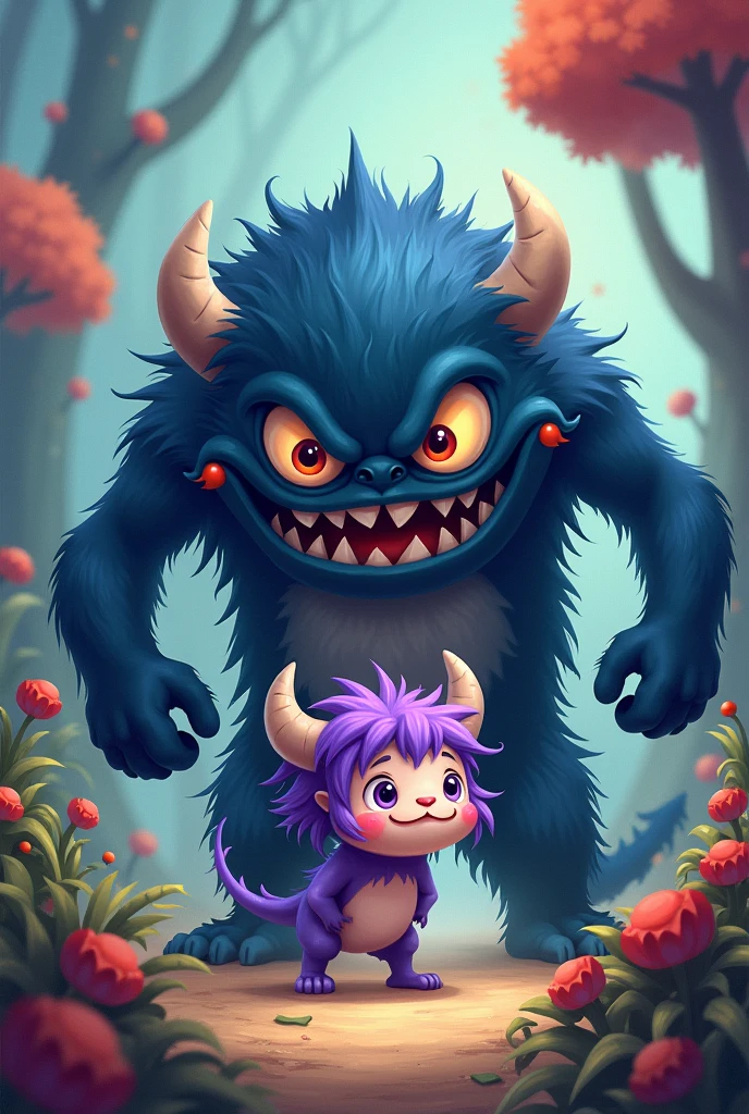 Cute purple haired monster is bullied by big monster