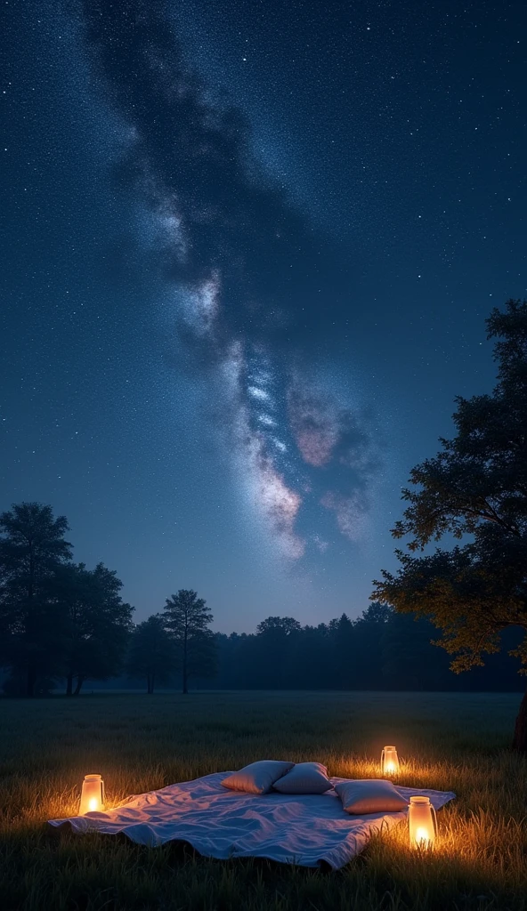 A wide, open field under a vast, clear night sky filled with countless stars twinkling brightly. The Milky Way is visible, stretching across the sky like a cosmic river. A soft blanket lies on the ground, with a few scattered pillows, surrounded by softly glowing lanterns that flicker gently in the breeze. Crickets chirp in the background, and there's a cool, gentle breeze that rustles the leaves of nearby trees. The scene is tranquil and still, with no one else around—just the expanse of stars above and the comforting darkness of the night.
