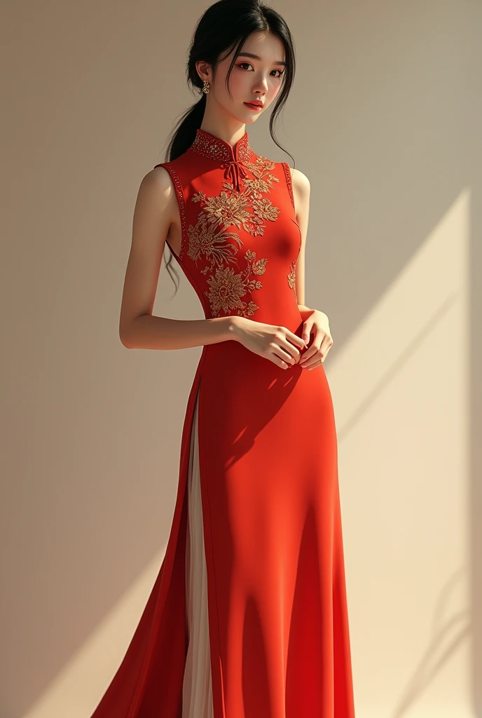 Vietnamese female student wearing tight ao dai