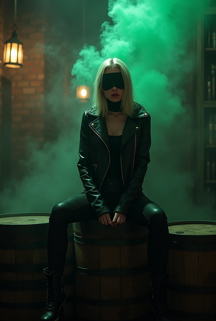 Beautiful, white, young woman, shoulder length blonde hair, wearing black cotton blindfold with green smoke emanating from inside blindfold, wearing black leather jacket, arms fully covered in black bandages, wearing black leather pants, wearing black leather boots, perched atop large barrels in a very dimly lit bar,