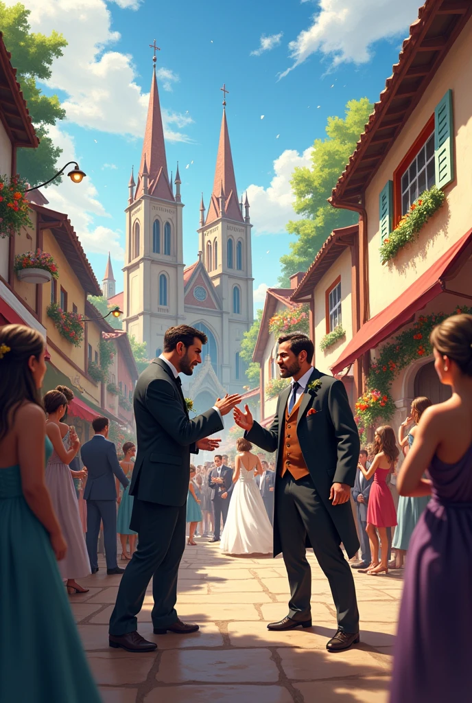 A town with a wedding and two men fighting 