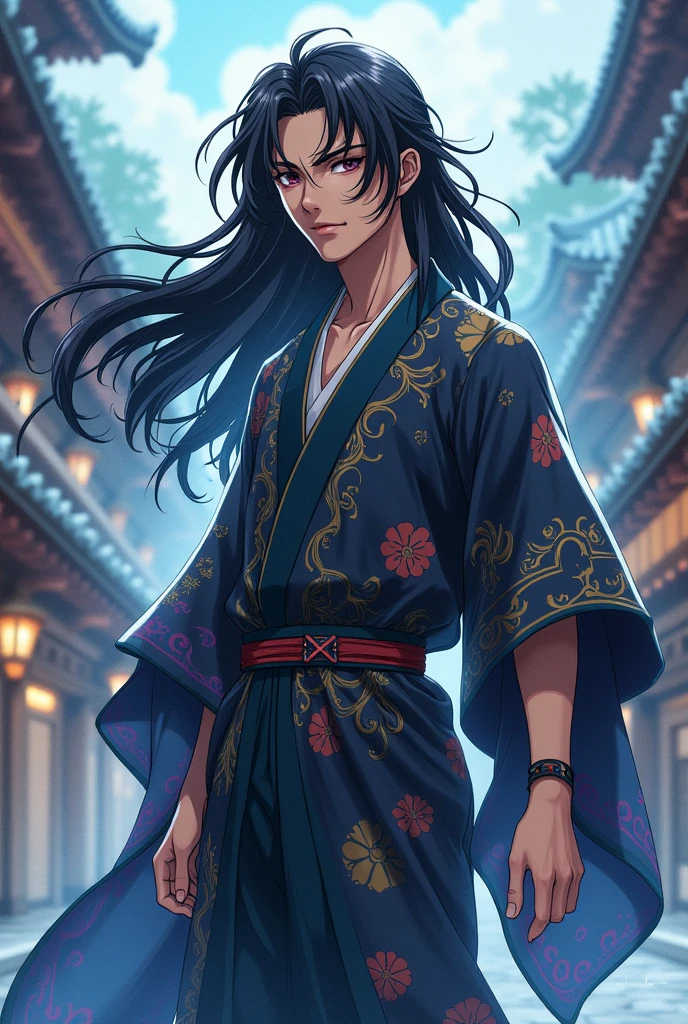 A 1 male anime character with long black hair and magical powers who is a student at a modern-day wizarding school with yukata