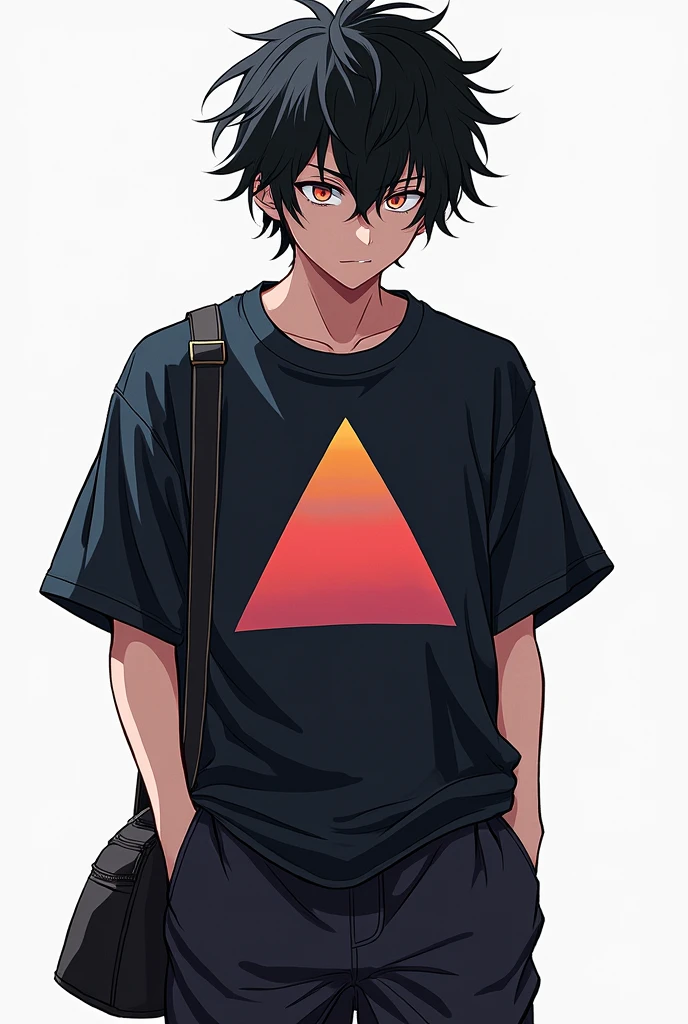 a jujutsu sorcerer anime with messy black hair, a black oversize tshirt with a triangle pattern on it and baggy pants underneath a black bag at the waist