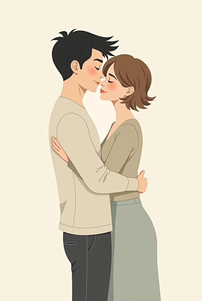 Minimalist illustration of a couple hugging. A woman with light brown hair and her boyfriend with black hair combed into a book 