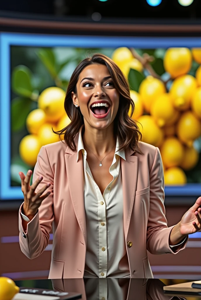 An excited person talking on a show, with lemons in the background.