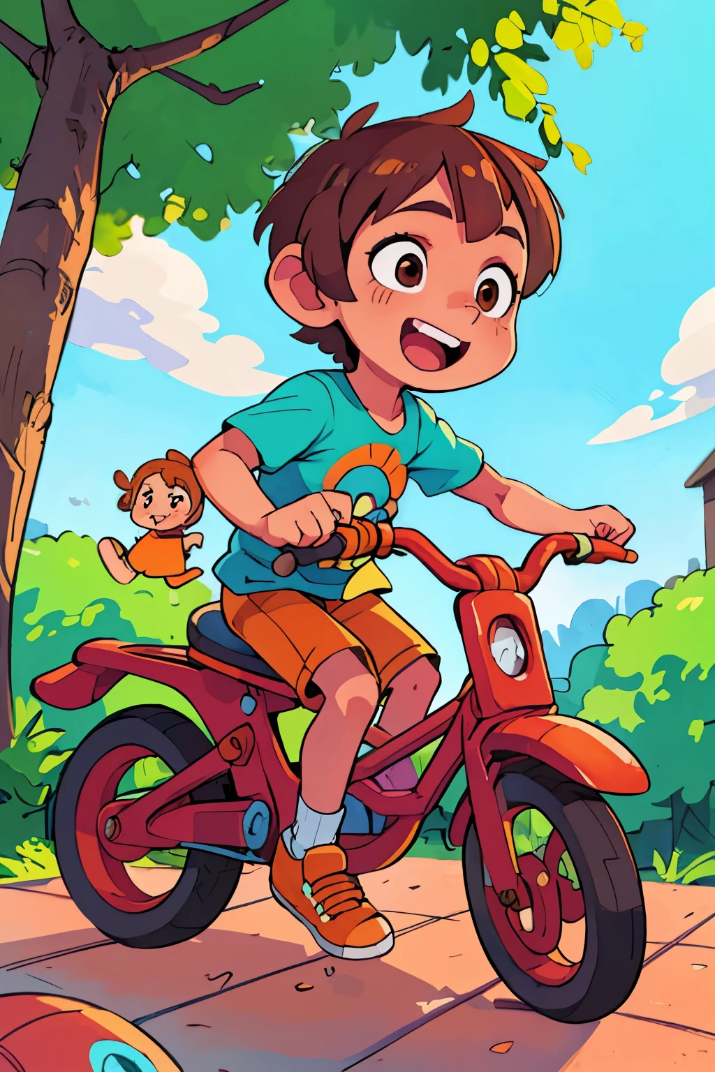 (best qualityer,4K,8k,high resolution,work of art:1.2),ultra detali,realisitic,portraite, a young boy, 6,beautiful detailed Brown eyes, detailed, happy in a beautiful sunny day , playing With a Orange bike, illustration style,swirly vibrant colors,warm hues,soft lighting,green garden background