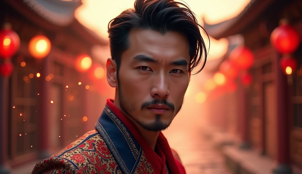 pretty decadent Asian man looking directly at the camera, not in the center, clear facial features, bright colors, light particles, with bright light, Mushhiv, wallpaper art, UHD wallpapers, vivid atmosphere, near a house in ancient village