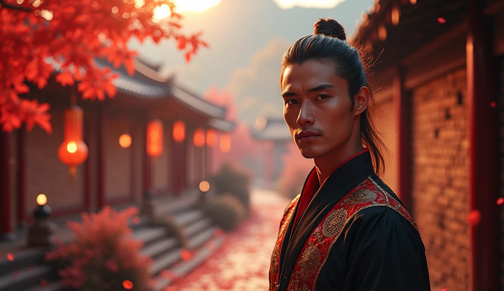 pretty decadent Asian man looking directly at the camera, not in the center, clear facial features, bright colors, light particles, with bright light, Mushhiv, wallpaper art, UHD wallpapers, vivid atmosphere, near a house in ancient village