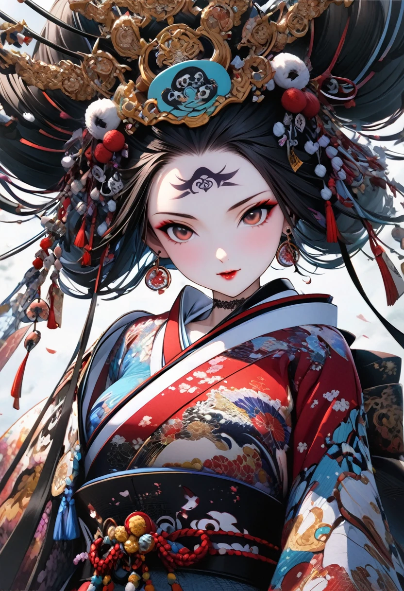 Ink painting, (((1 girl))), (((Tattoo in the middle of the forehead))), (((Oiran))), (((Japanese Hanafuda Card Earrings))), (((Great hair accessories))) Demon possession, ((Masterpiece:1.2)), ((Highest quality)), (((All body is neatly covered))), (Masterpiece, Top quality, Best quality, Official art, Beautiful and aesthetic:1.2), All body is neatly covered, (1girl), Very detailed,(Fractal art:1.3),Colorful,Top detailed