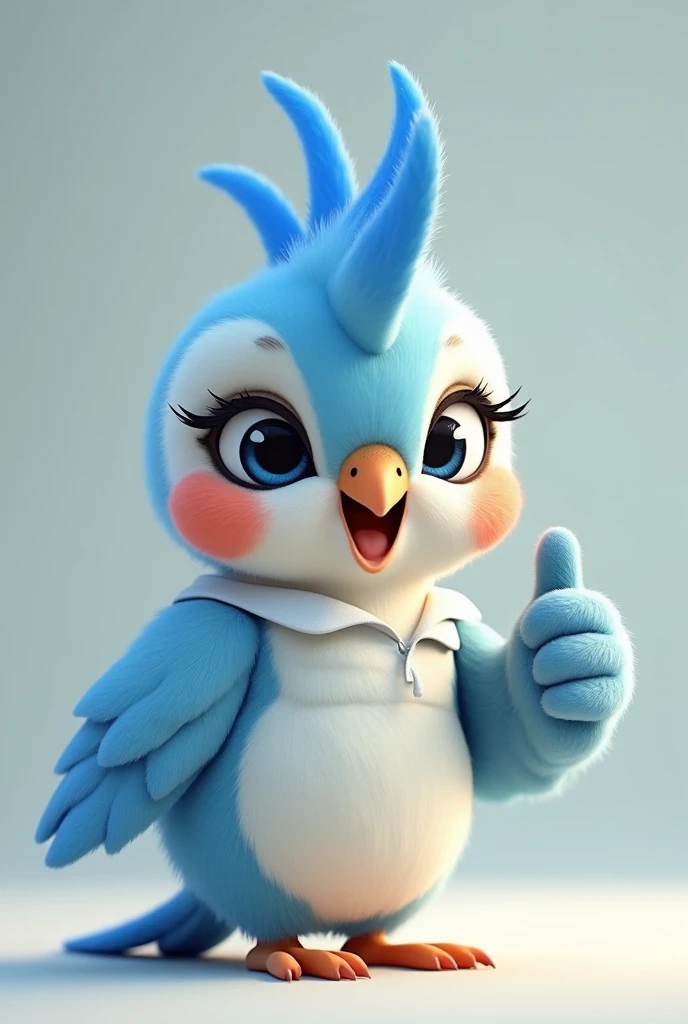 Blue cockatiel, female, with eyelashes in her eyes, dark blue, light blue and white feathers, cub, happy, wearing white shirt, thumb raised, pixar style 8k