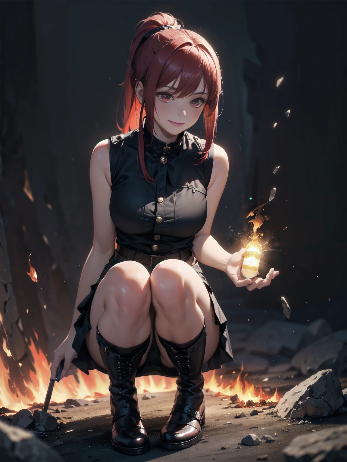 20 years old, long red hair, wears a ponytail, red eyes, always smiling. She dresses in an antique style, wearing a short brown skirt with black shorts underneath, ending above the knees. She wears knee-high brown boots. Her white blouse is sleeveless and features red details. She possesses fire powers and has a fire-themed background. 8k, high quality, full body, (ultra-realistic), {extremely detailed 8k CG unit wallpaper}, expansive landscape photograph, , (light: 2.0), (warm light source: 1.5), complex details,, (atmospheric lighting), surreal, impressive, fantasy, (Solo: 1.2)