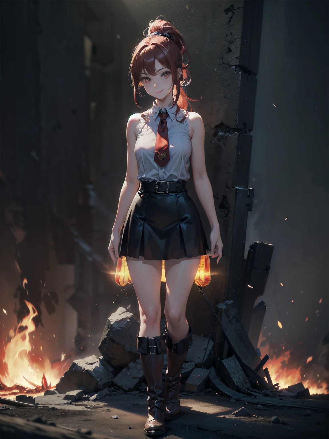 20 years old, long red hair, wears a ponytail, red eyes, always smiling. She dresses in an antique style, wearing a short brown skirt with black shorts underneath, ending above the knees. She wears knee-high brown boots. Her white blouse is sleeveless and features red details. She possesses fire powers and has a fire-themed background. 8k, high quality, full body, (ultra-realistic), {extremely detailed 8k CG unit wallpaper}, expansive landscape photograph, , (light: 2.0), (warm light source: 1.5), complex details,, (atmospheric lighting), surreal, impressive, fantasy, (Solo: 1.2)