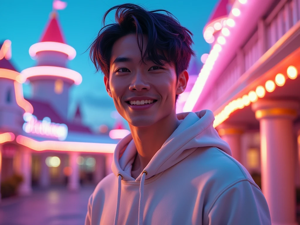 Japanese,25-30 years old, Handsome and elegant, Wear a sweatshirt , Masculine and handsome，muscular，， fair skin, black eyes（thin eyes 1：3), Full body image,(Super detailed, Realistic, best quality, 4K, 8k, High resolution, masterpiece:1.3),  The background is Tomorrow Land in Disneyland，he is very happy