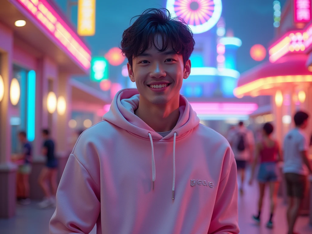 Japanese,25-30 years old, Handsome and elegant, Wear a sweatshirt , Masculine and handsome，muscular，， fair skin, black eyes（thin eyes 1：3), Full body image,(Super detailed, Realistic, best quality, 4K, 8k, High resolution, masterpiece:1.3),  The background is Tomorrow Land in Disneyland，he is very happy