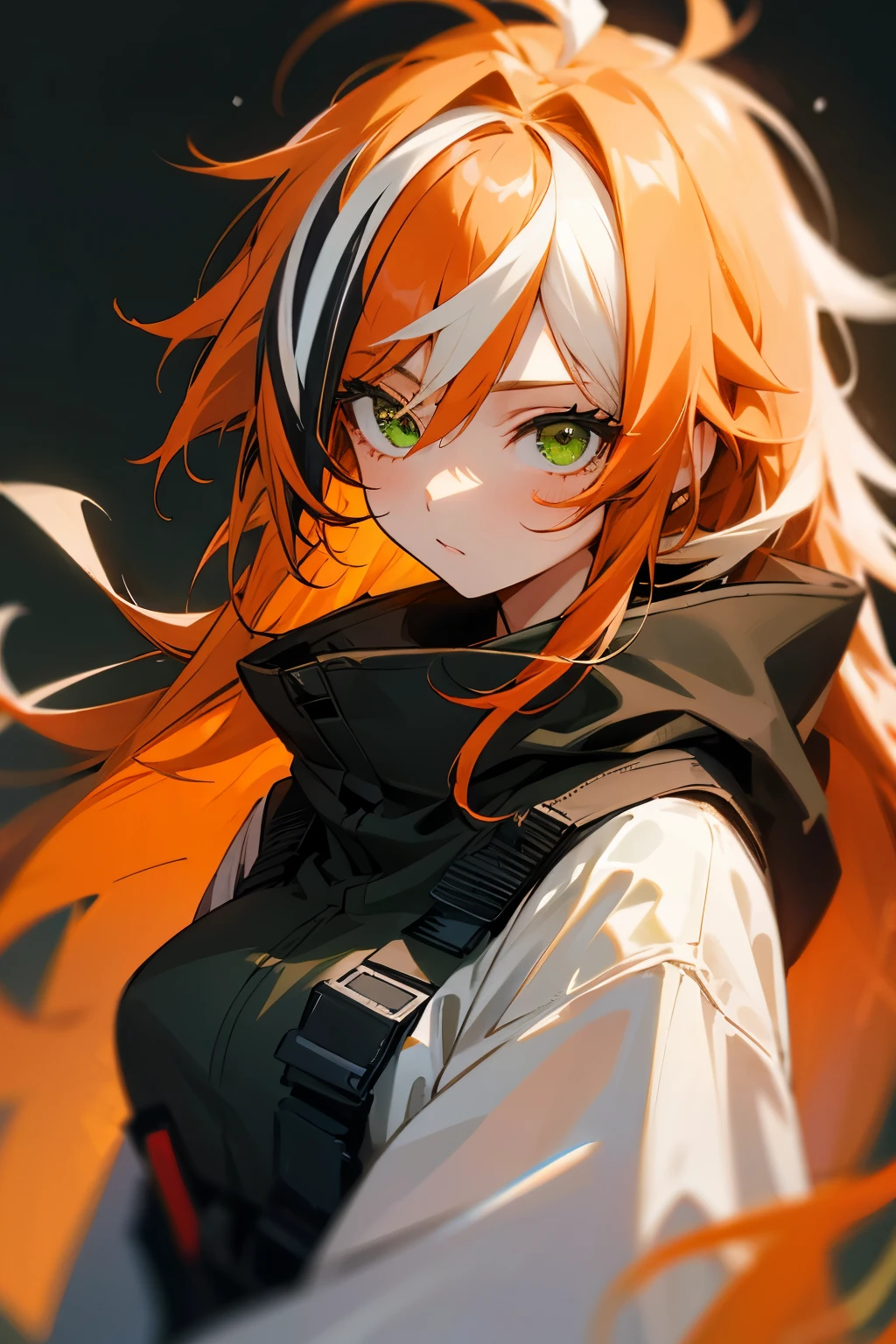 1girl, Long Hair, Streaked Hair, Messy Hair, Hair Over Shoulder, orange hair, green eyes,