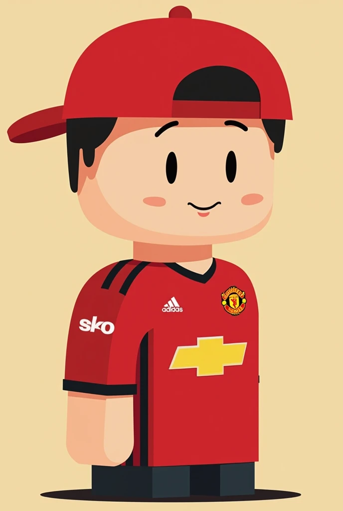 Make a roblox square body Man Red cap Human circular head , manchester united shirt, cougar cap cartoon style profile picture