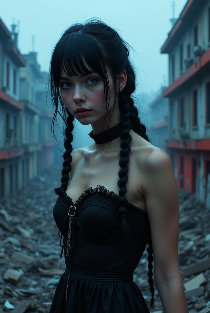 One is , caucasiano, he would be, braided hair with bangs, Bblack hair, grey-eyed, detailed black dress, isolated city, destroyed city in a blue and red tone.