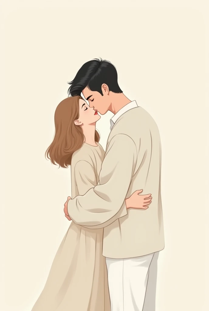 Minimalist illustration of a couple hugging. A woman with light brown hair and her boyfriend with black hair combed into a book