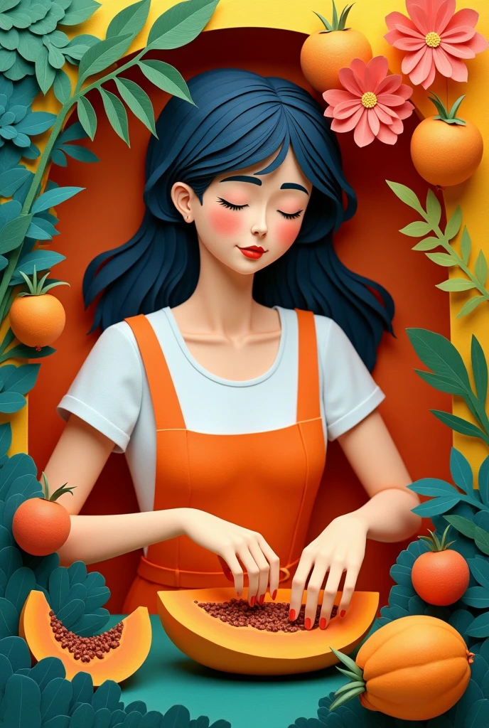 A woman cutting papaya ,  masterpiece, all in three dimensional paper art、(Almond Shapes);1.9、(Three-dimensional paper-cut art.、colorful):1.9
