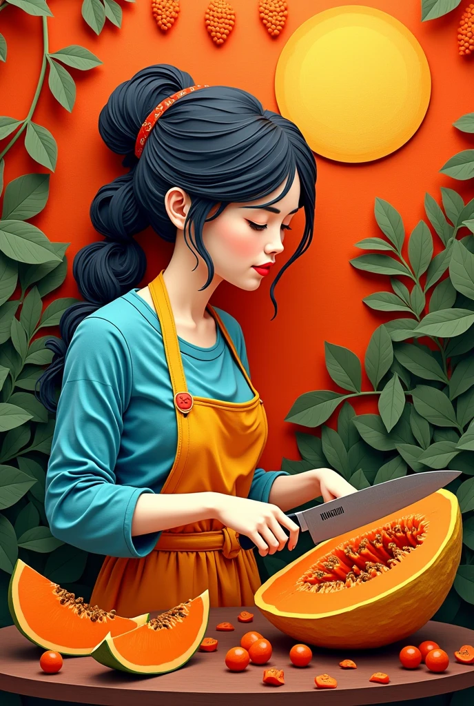 A woman cutting papaya , masterpiece, all in three dimensional paper art、(Almond Shapes);1.9、(Three-dimensional paper-cut art.、colorful):1.9