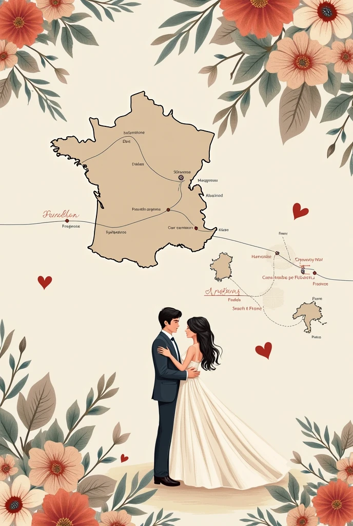 Wedding card with a background design of the map of Peru and France and a timeline of how they met until the wedding day of the wedding couple
