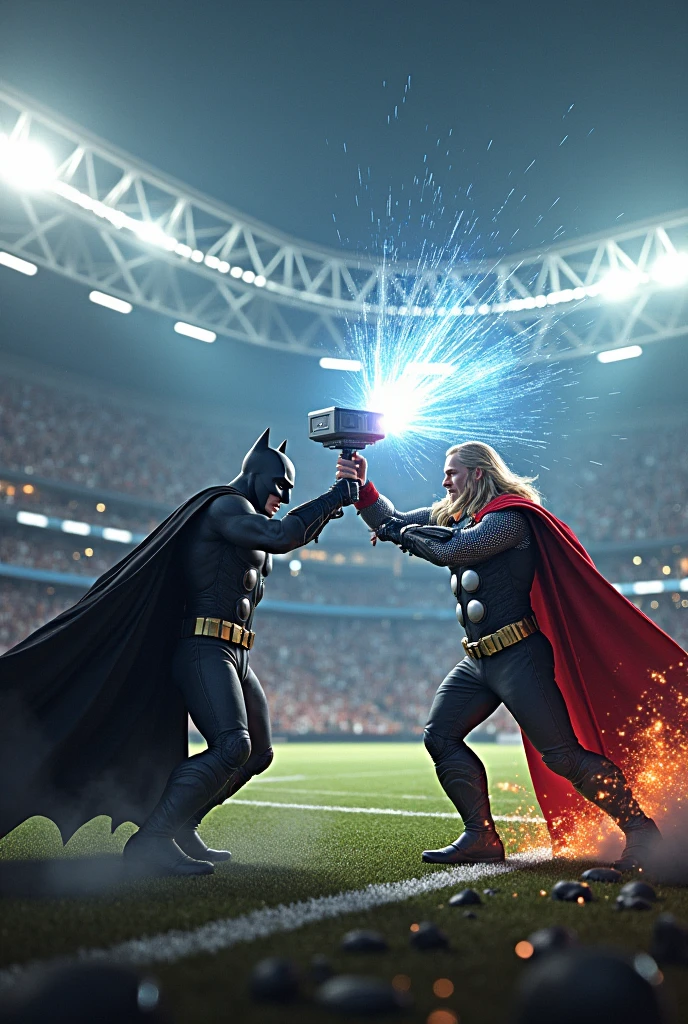 réalise-moi une image d’un combat entre Thor Batman dans un décor sportif