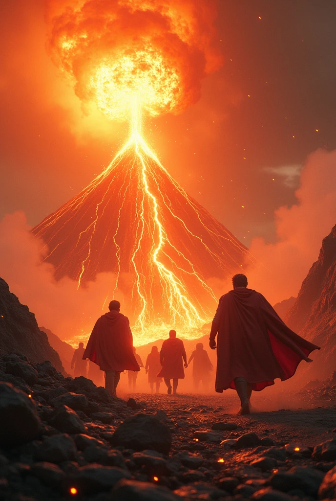 Groups of superheroes entering an erupting volcano