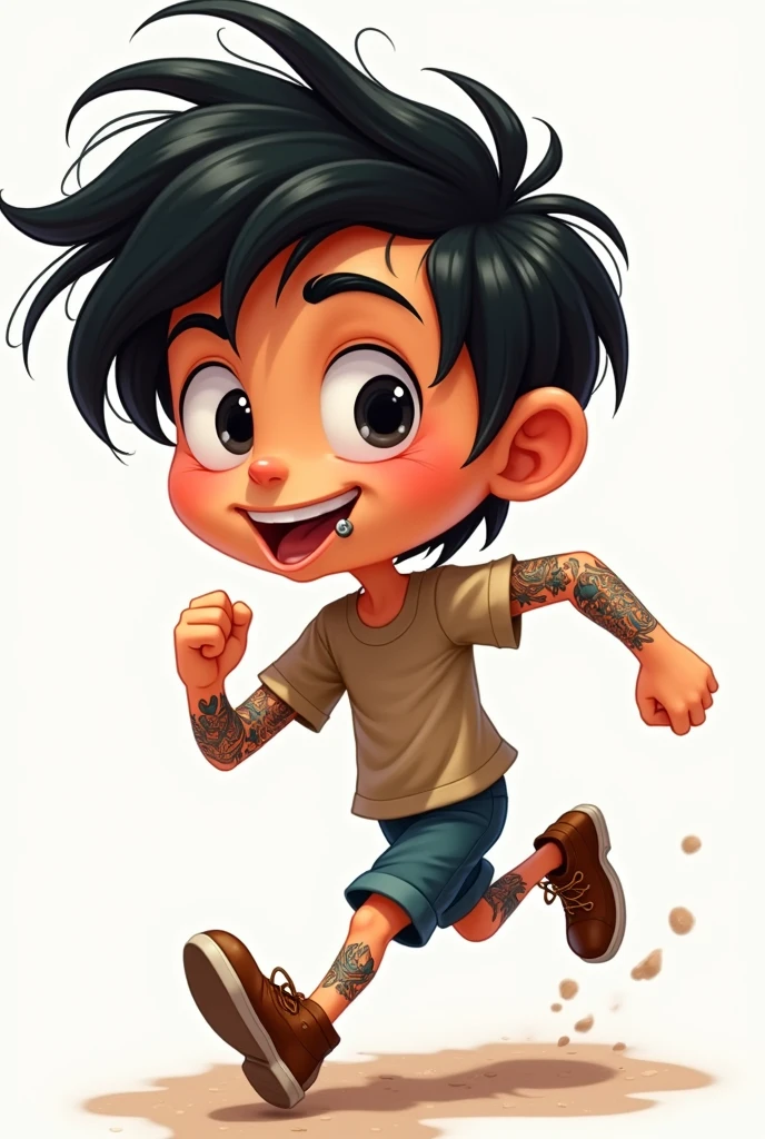 a cartoon caricature of a boy with dark hair up to his shoulders, big and bright eyes, running to the right, who is wearing a t-shirt and has many tattoos on his right arm, with a piercing on his lip on the right side