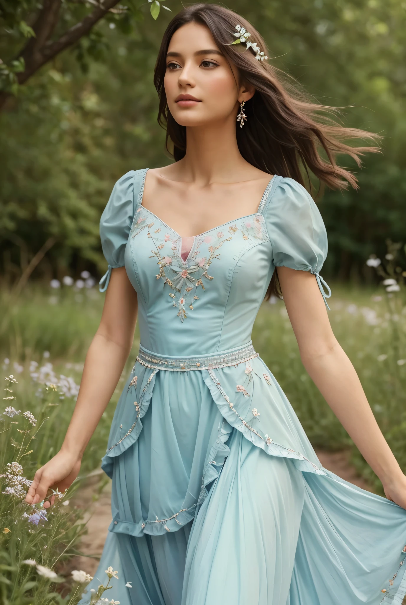 aged 30,Super detailed,a beautiful girl, , playful and charming. The girl’s dress is made of a delicate, flowing fabric that seems to dance in the breeze. The color is a soft pastel, reminiscent of the wildflowers that surround her. The bodice is fitted, with intricate embroidery and beading that catches the light. The skirt is full and flowing, with layers of fabric that rustle softly as she moves. The overall effect is one of timeless elegance and grace.