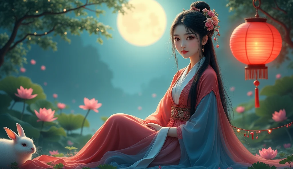 A beautiful young Asian woman in an elegant red and blue hanfu sits gracefully in a moonlit garden. Her hair was decorated with delicate flowers. And her eyes were calm and charming. A large glowing red lantern hung next to her, casting a warm glow on the scene. A fluffy white rabbit sat at her feet. Add a calm and enchanting atmosphere. The garden is full of lush greenery and delicate lotus flowers. along with the full moon shining brightly in the sky