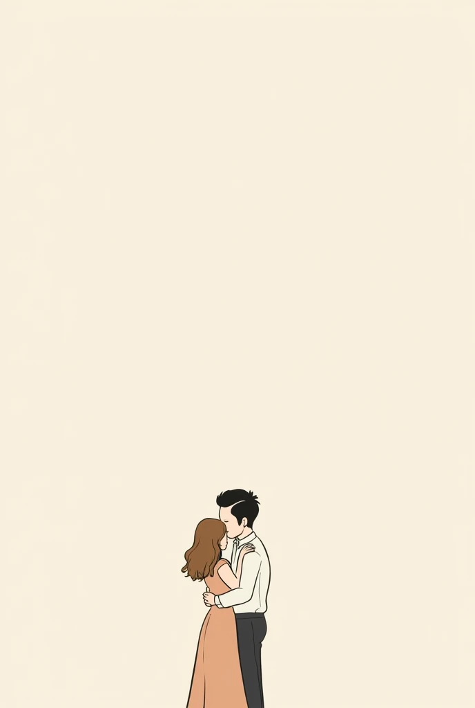 Minimalist illustration of a couple hugging. A woman with light brown hair and her boyfriend with black hair combed into a book